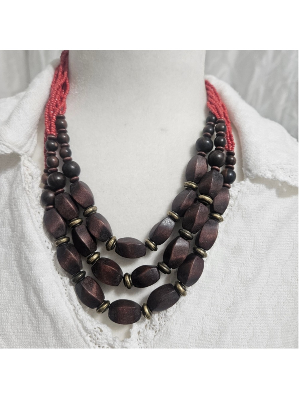 Coldwater Creek Red Wood Statement Necklace